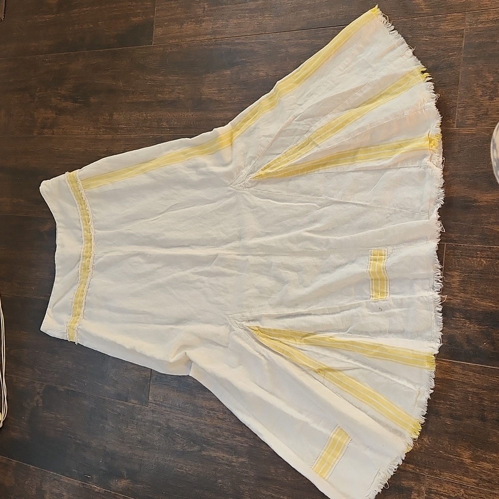 FREE PEOPLE boho skirt 2 white linen blend yellow stripe frayed hem maxi XS